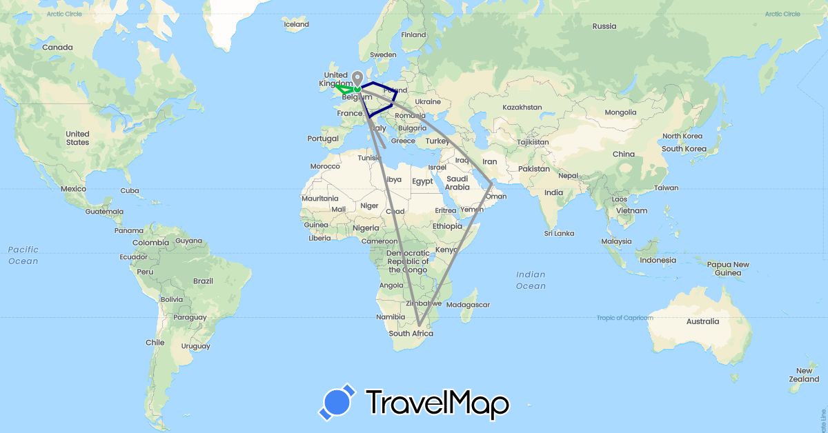 TravelMap itinerary: driving, bus, plane in United Arab Emirates, Germany, United Kingdom, Italy, Netherlands, Poland, Slovakia, South Africa (Africa, Asia, Europe)