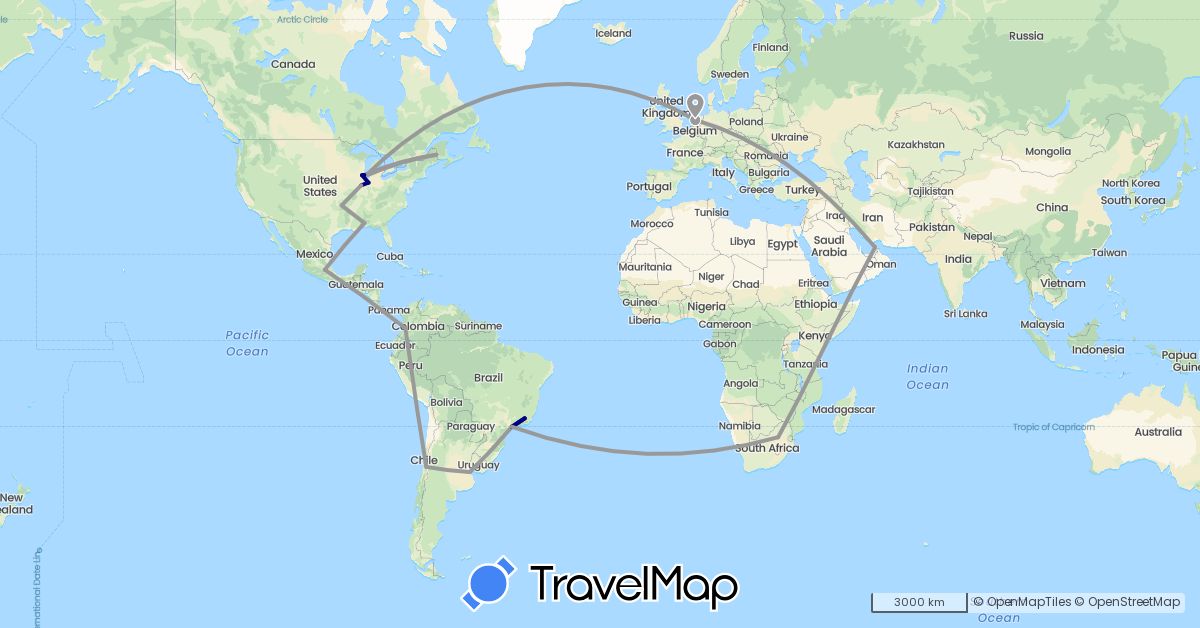 TravelMap itinerary: driving, plane in United Arab Emirates, Argentina, Brazil, Chile, Colombia, Mexico, Netherlands, United States, South Africa (Africa, Asia, Europe, North America, South America)